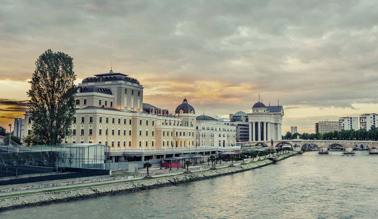Grand buildings at the riverside in Skopje.